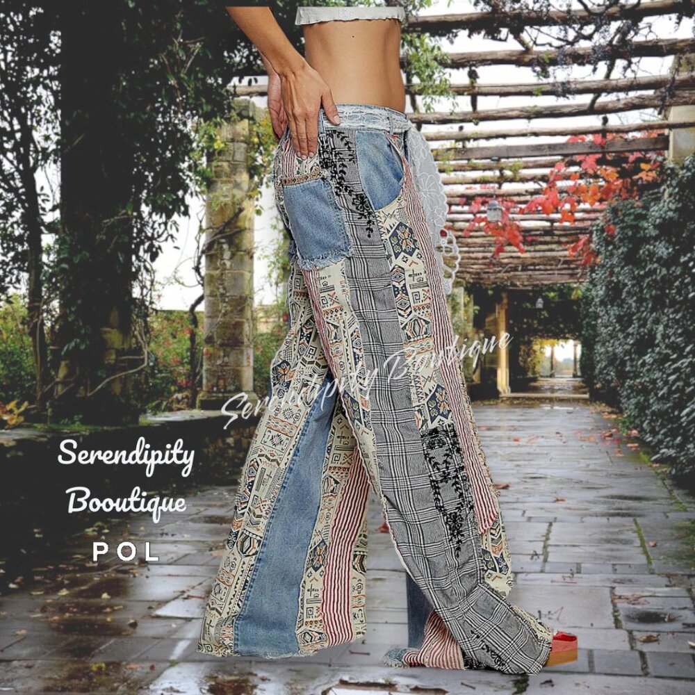 Boho Grunge Street Punk Denim Extreme Oversized Raw Edge Distressed Jeans - Picture 7 of 13